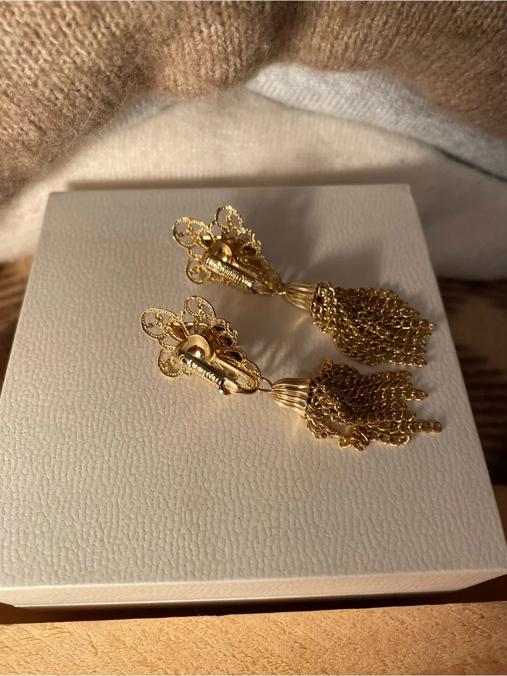 Gold Filigree Tassel Drop Earrings with Green Stone